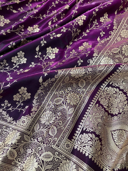 Wine Satin Silk Banarasi Saree with Jaal Pattern