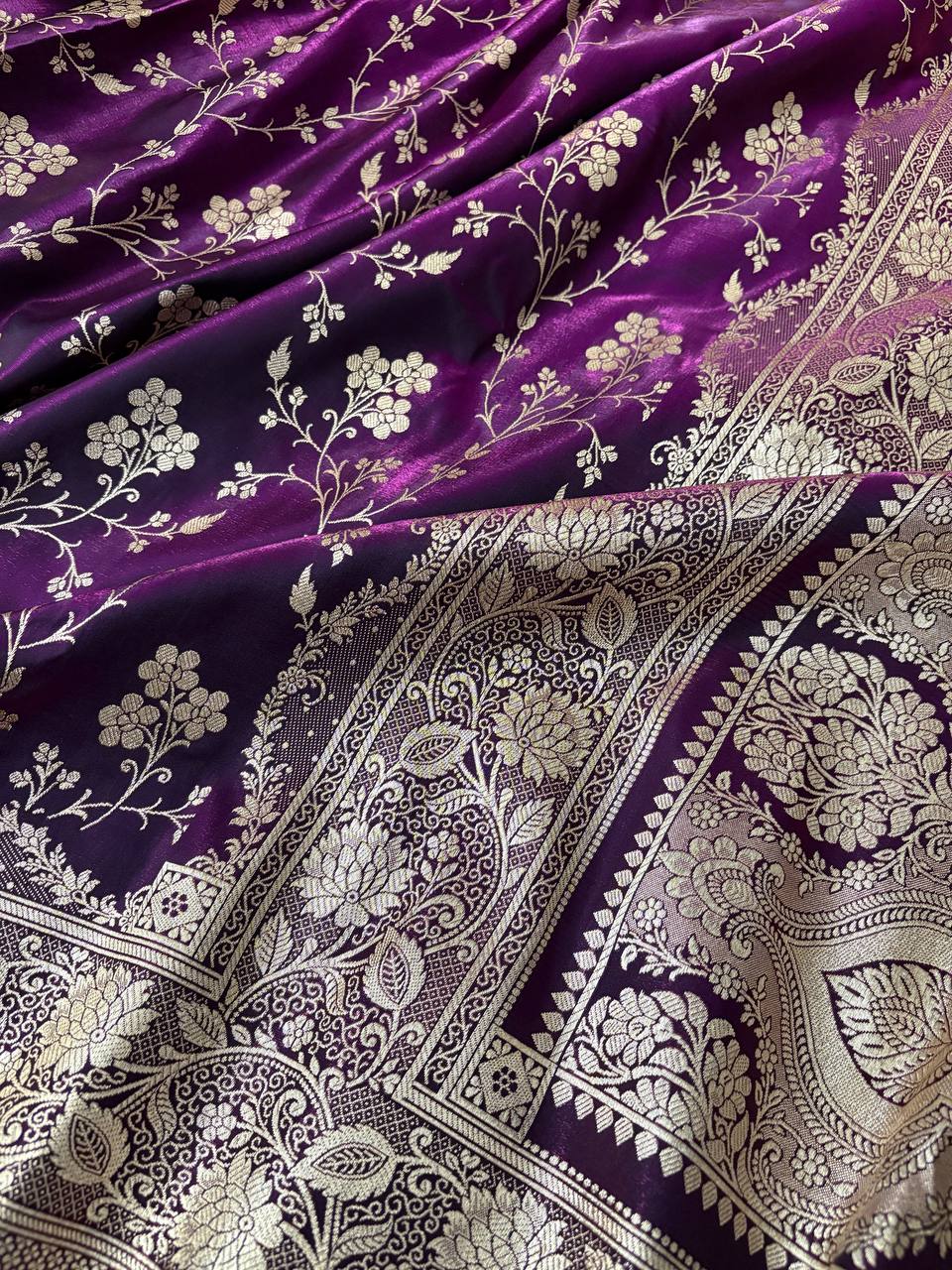 Wine Satin Silk Banarasi Saree with Jaal Pattern