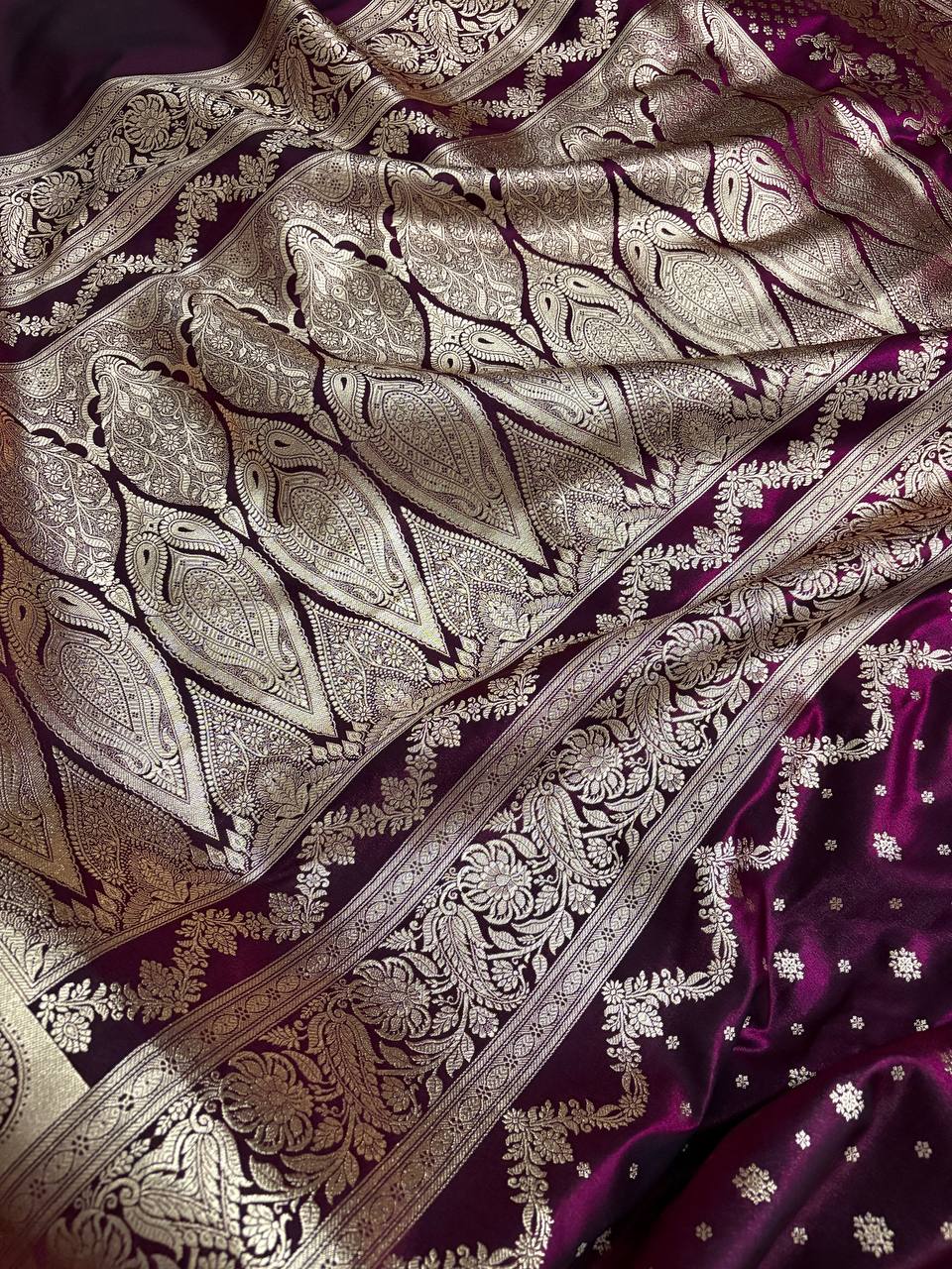 Wine Satin Silk Banarasi Saree – Light Golden Zari Buti Work