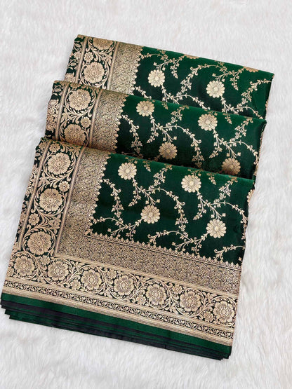 Botel Green Satin Silk Banarasi Saree with Golden Zari Floral Bel Jaal