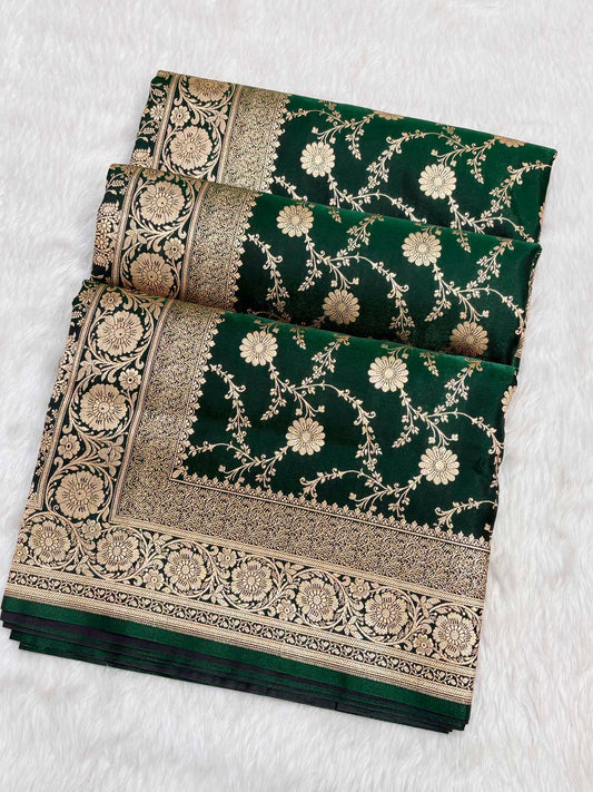 Botel Green Satin Silk Banarasi Saree with Golden Zari Floral Bel Jaal