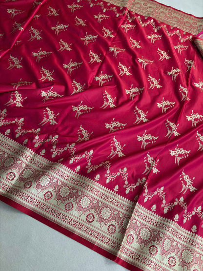 Red Pink Shaded Soft Kataan Silk Banarasi Saree Light Gold Work