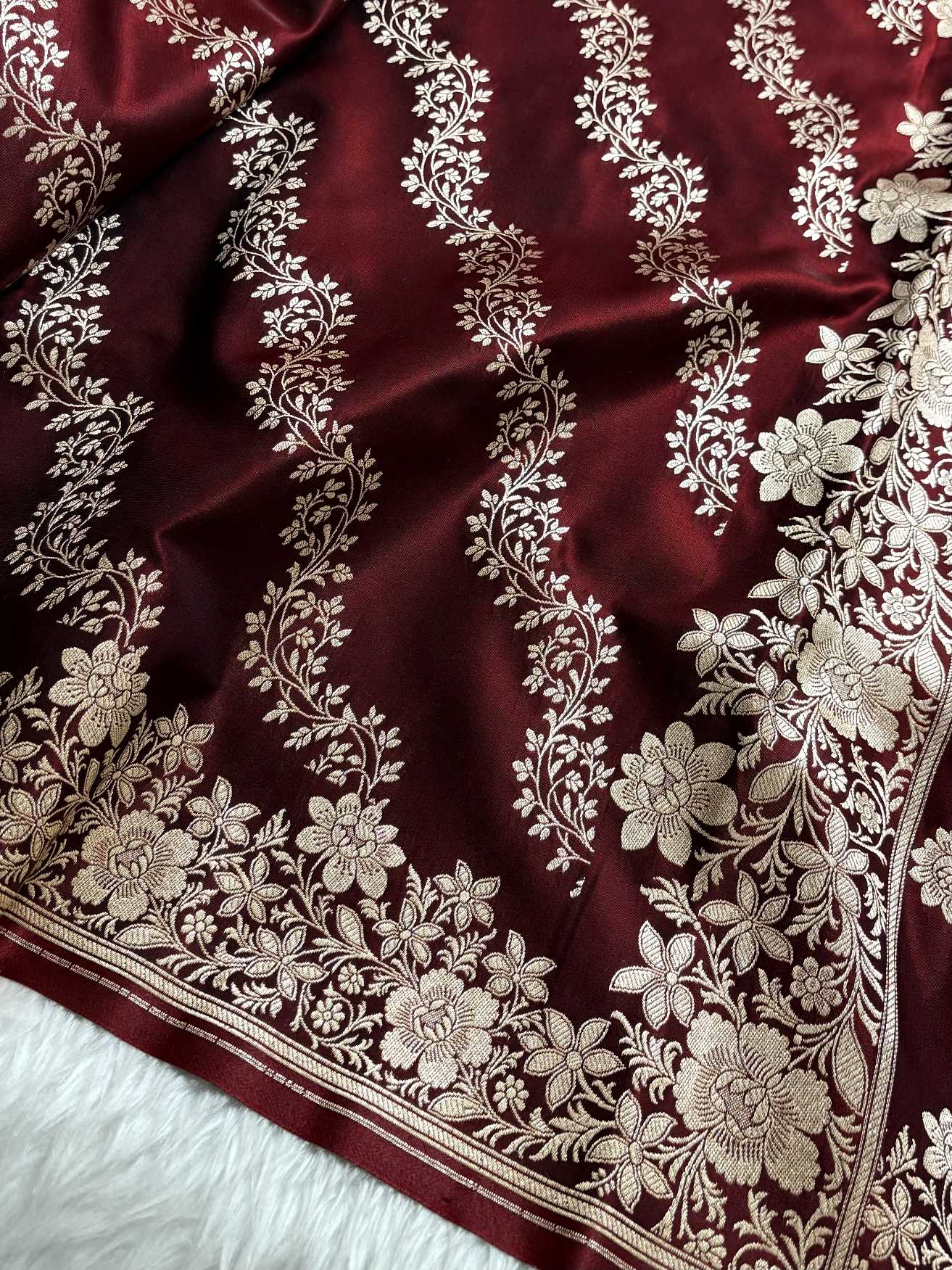 Laheriya Jaal Satin Silk Banarasi Saree Dark Maroon Shades