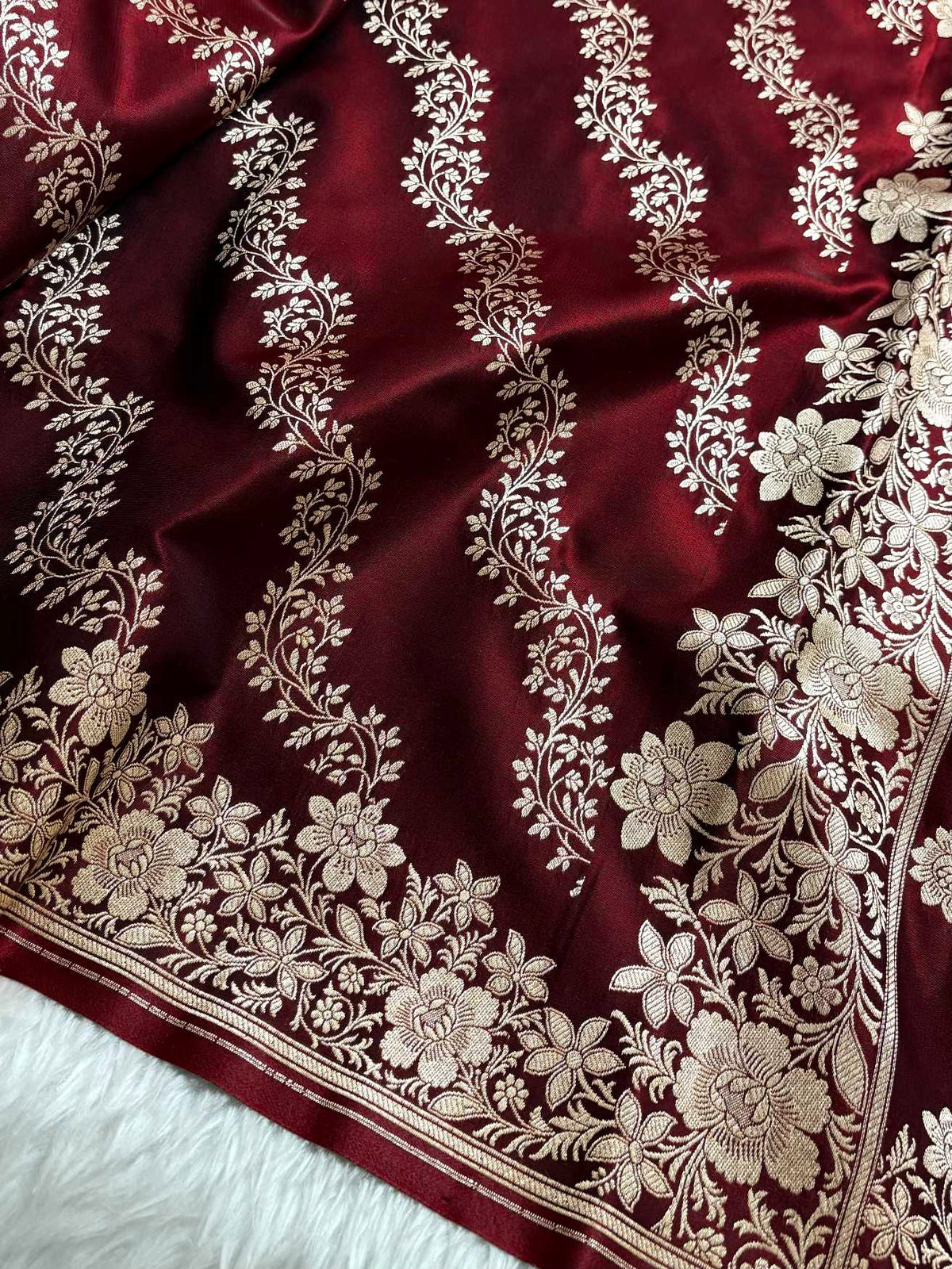 Laheriya Jaal Satin Silk Banarasi Saree Dark Maroon Shades