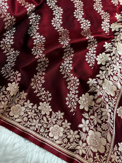 Laheriya Jaal Satin Silk Banarasi Saree Dark Maroon Shades