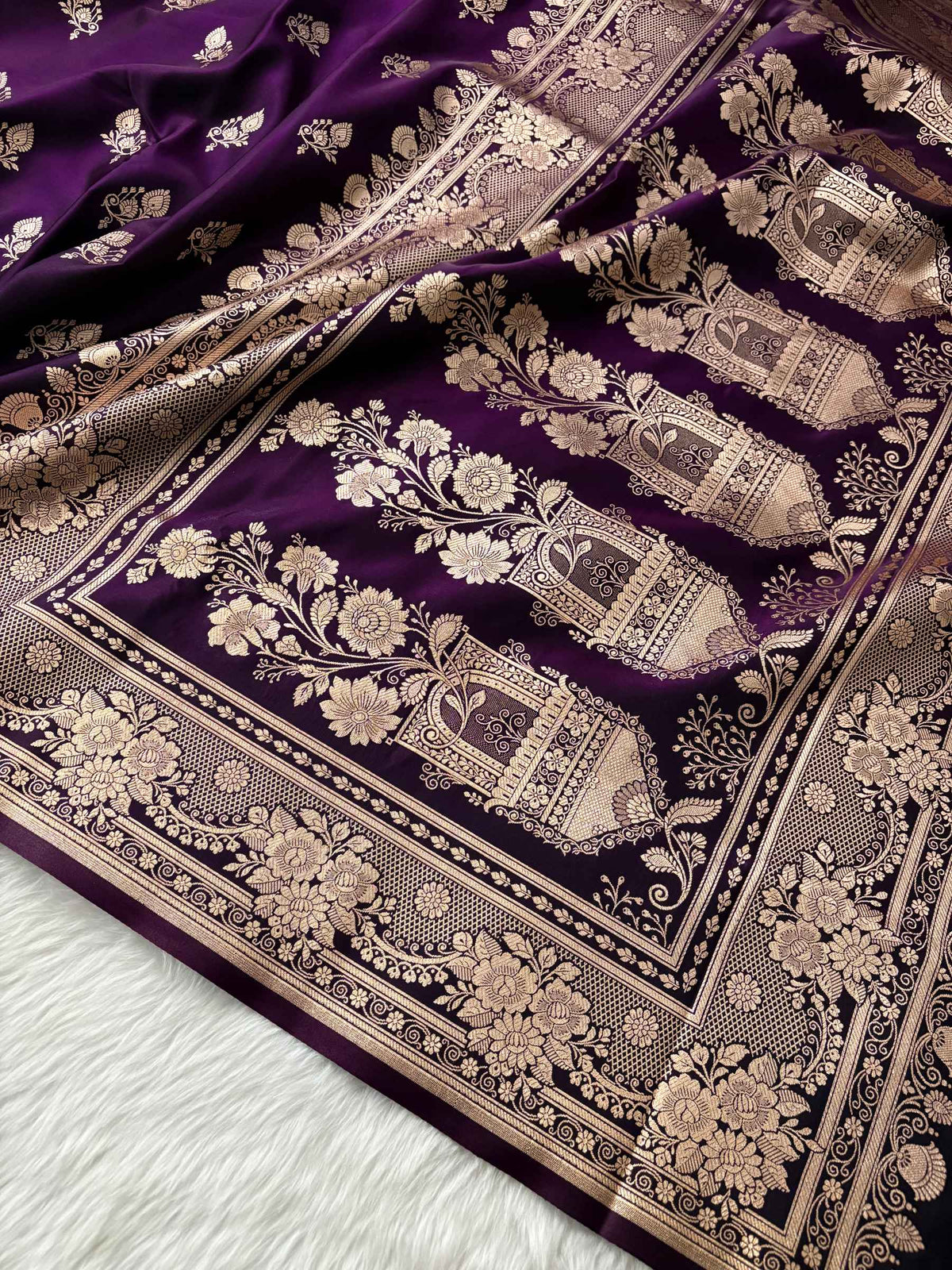 Purple Satin Silk Banarasi Saree – Full Golden Zari Buti Work