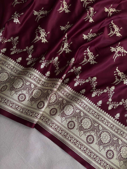 Brown Soft Kataan Silk Banarasi Saree Light Gold Work