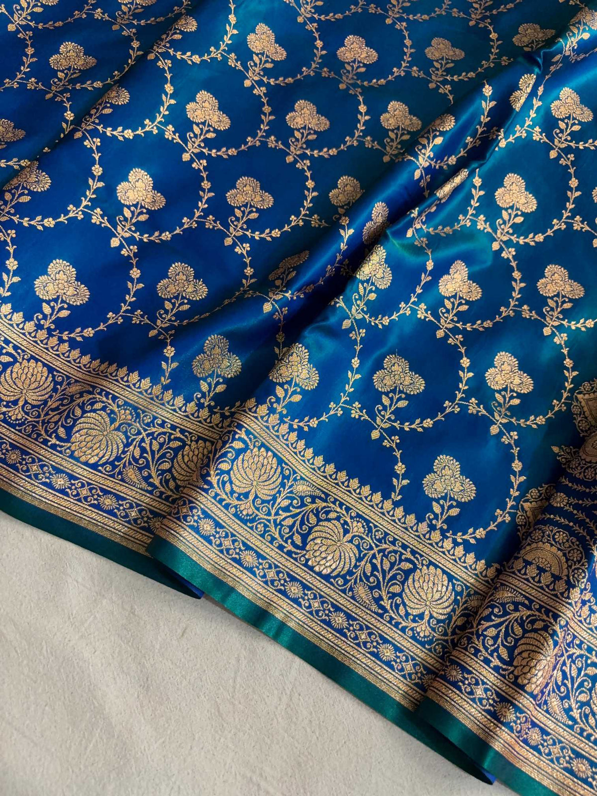 Satin Silk Saree Banarasi Jaal in Peacock blue Shades