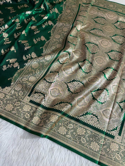 MorPhank Botel Green Satin Silk Banarasi Saree with Golden Zari