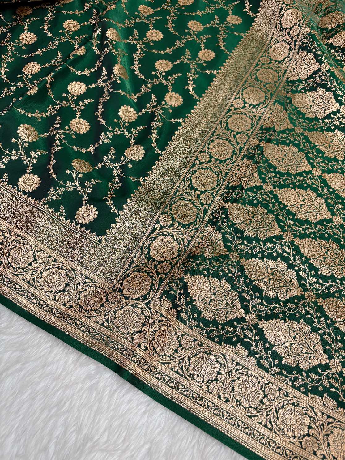 Botel Green Satin Silk Banarasi Saree with Golden Zari Floral Bel Jaal