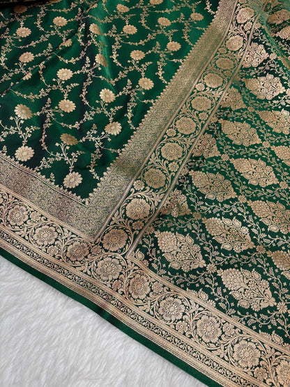 Botel Green Satin Silk Banarasi Saree with Golden Zari Floral Bel Jaal