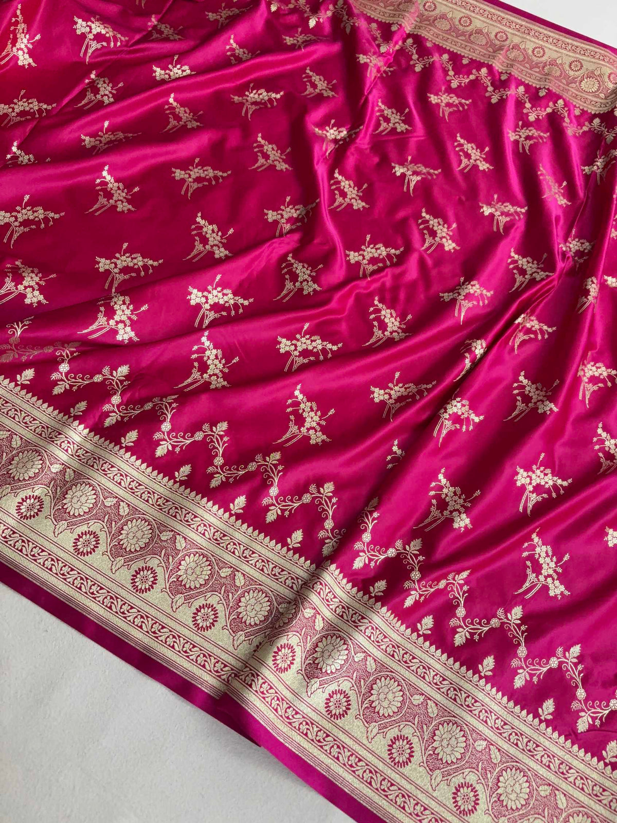 Rani Pink Soft Kataan Silk Banarasi Saree Light Gold Work