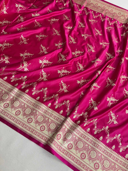Rani Pink Soft Kataan Silk Banarasi Saree Light Gold Work