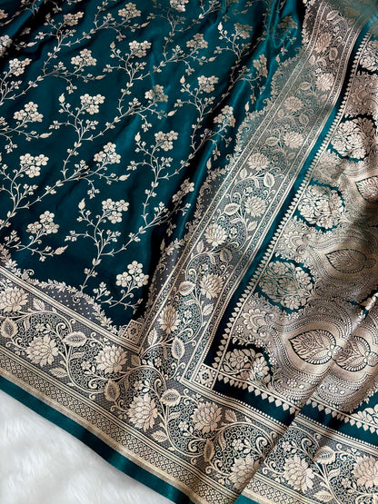 Teal Green Satin Silk Banarasi Saree in Jaal Pattern - Zohra Silk