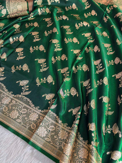 MorPhank Botel Green Satin Silk Banarasi Saree with Golden Zari