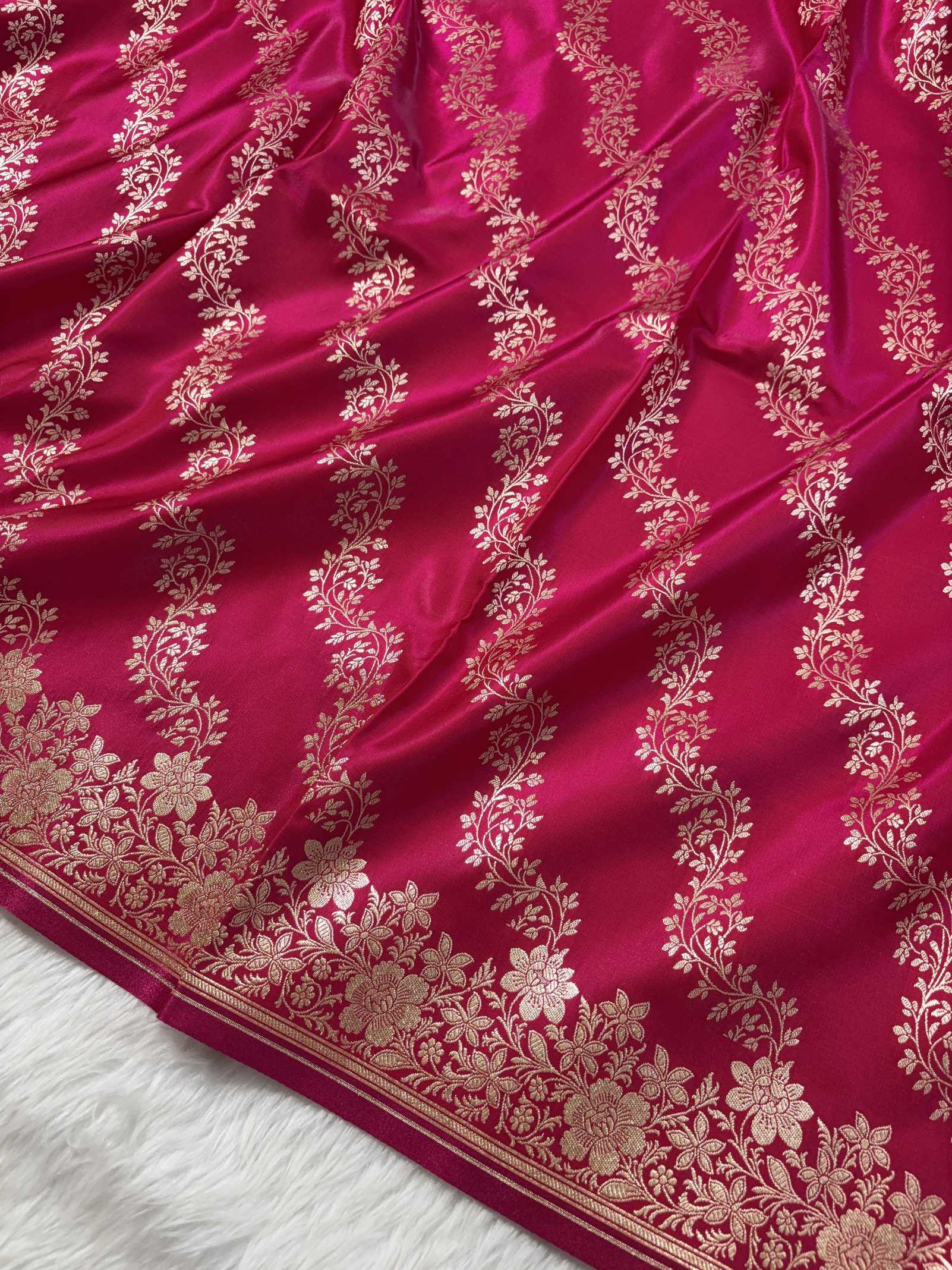Laheriya Jaal Satin Silk Banarasi Saree Rani Pink Shades
