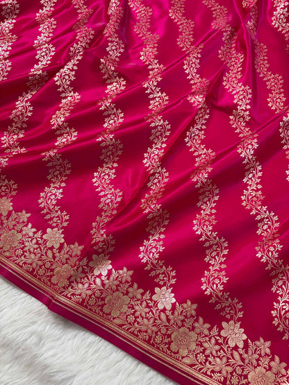 Laheriya Jaal Satin Silk Banarasi Saree Rani Pink Shades