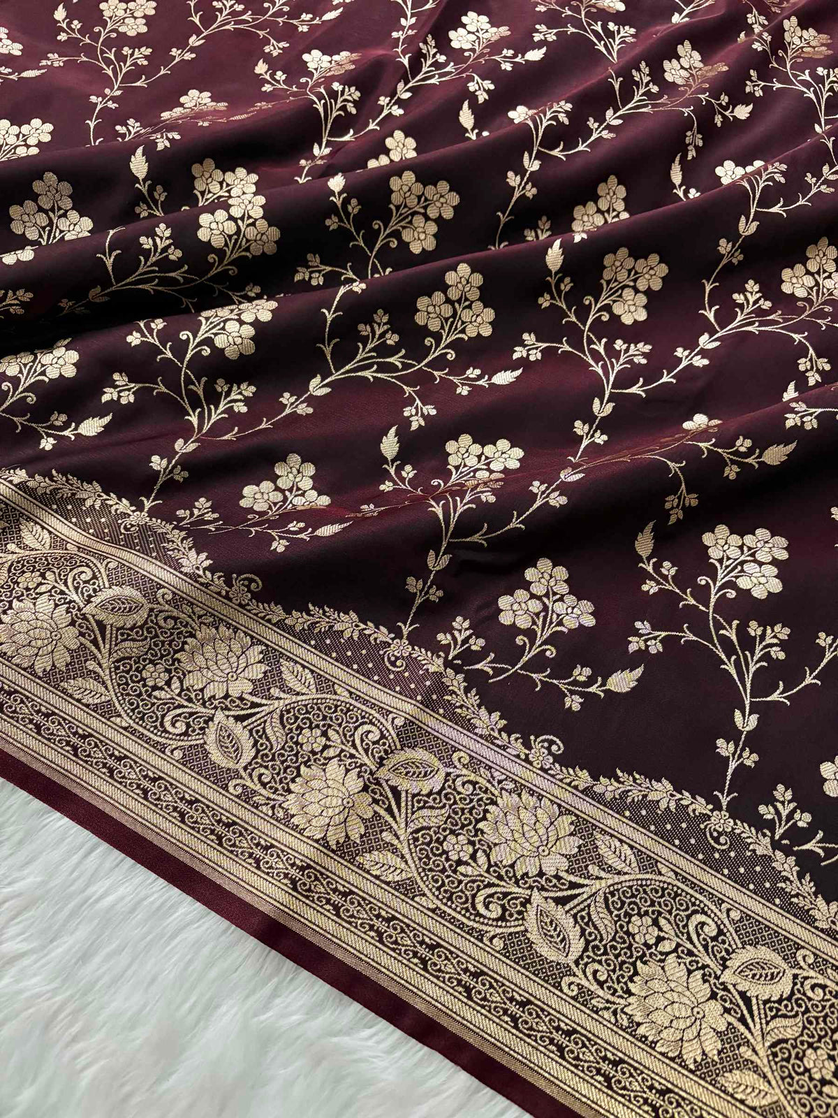 Dark Brown Satin Silk Banarasi Saree Floral Jaal