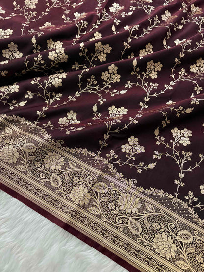 Dark Brown Satin Silk Banarasi Saree Floral Jaal