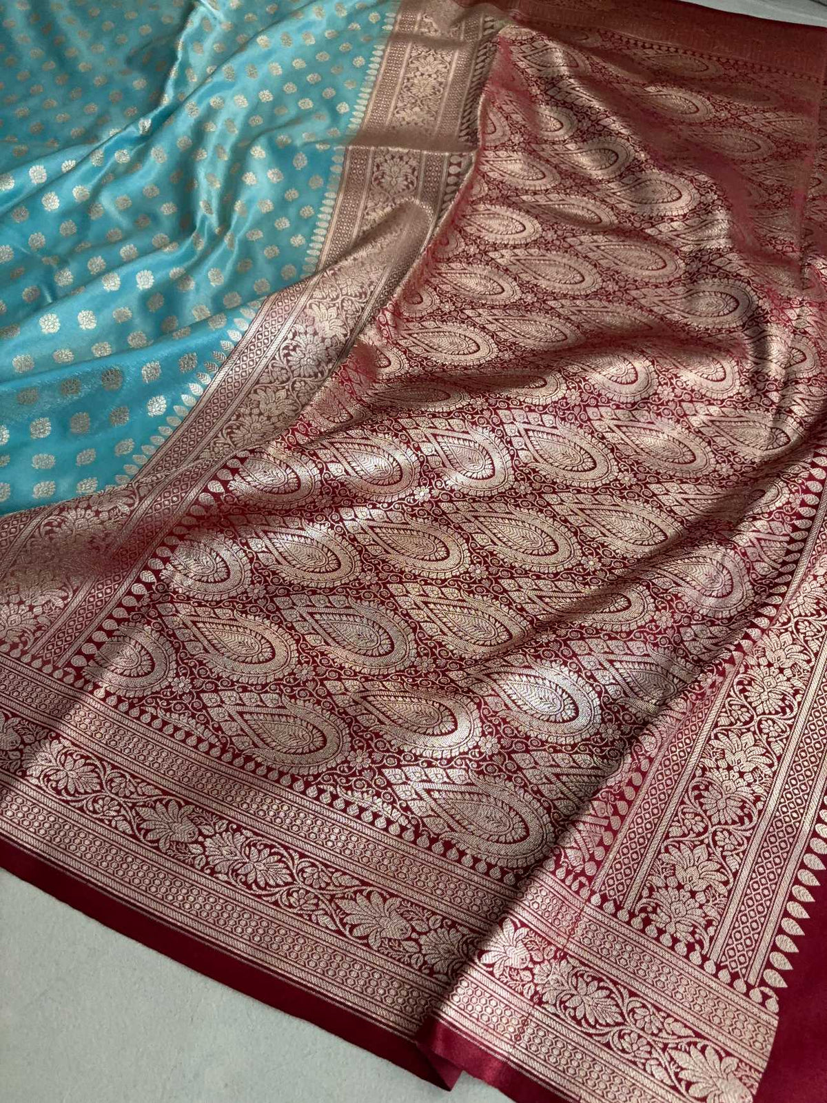 Light Firozi & Maroon Motif Satin Silk Banarasi Saree