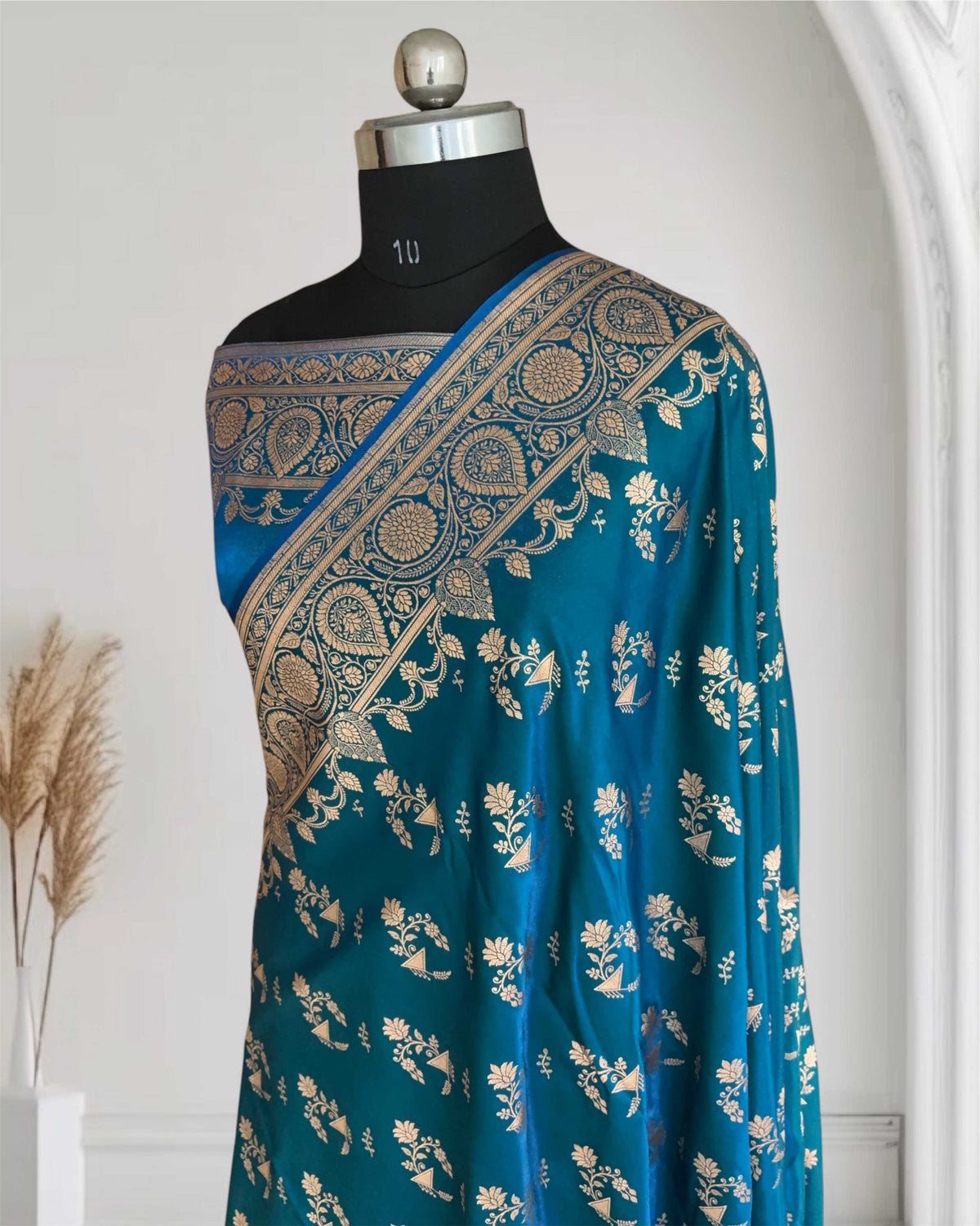 Firozi Fancy Motif Satin Silk Banarasi Saree