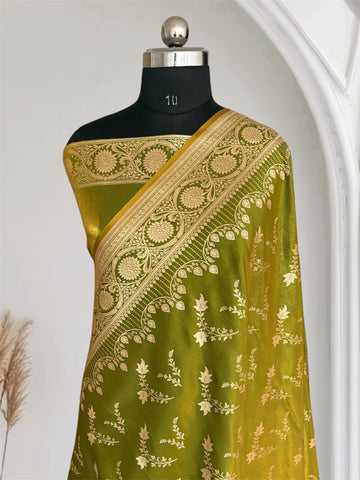 Mehdi Green Motif Satin Silk Banarasi Saree