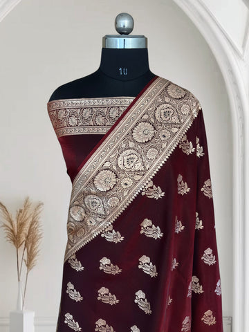 Dark Maroon Satin Silk Banarasi Fancy Motif Saree