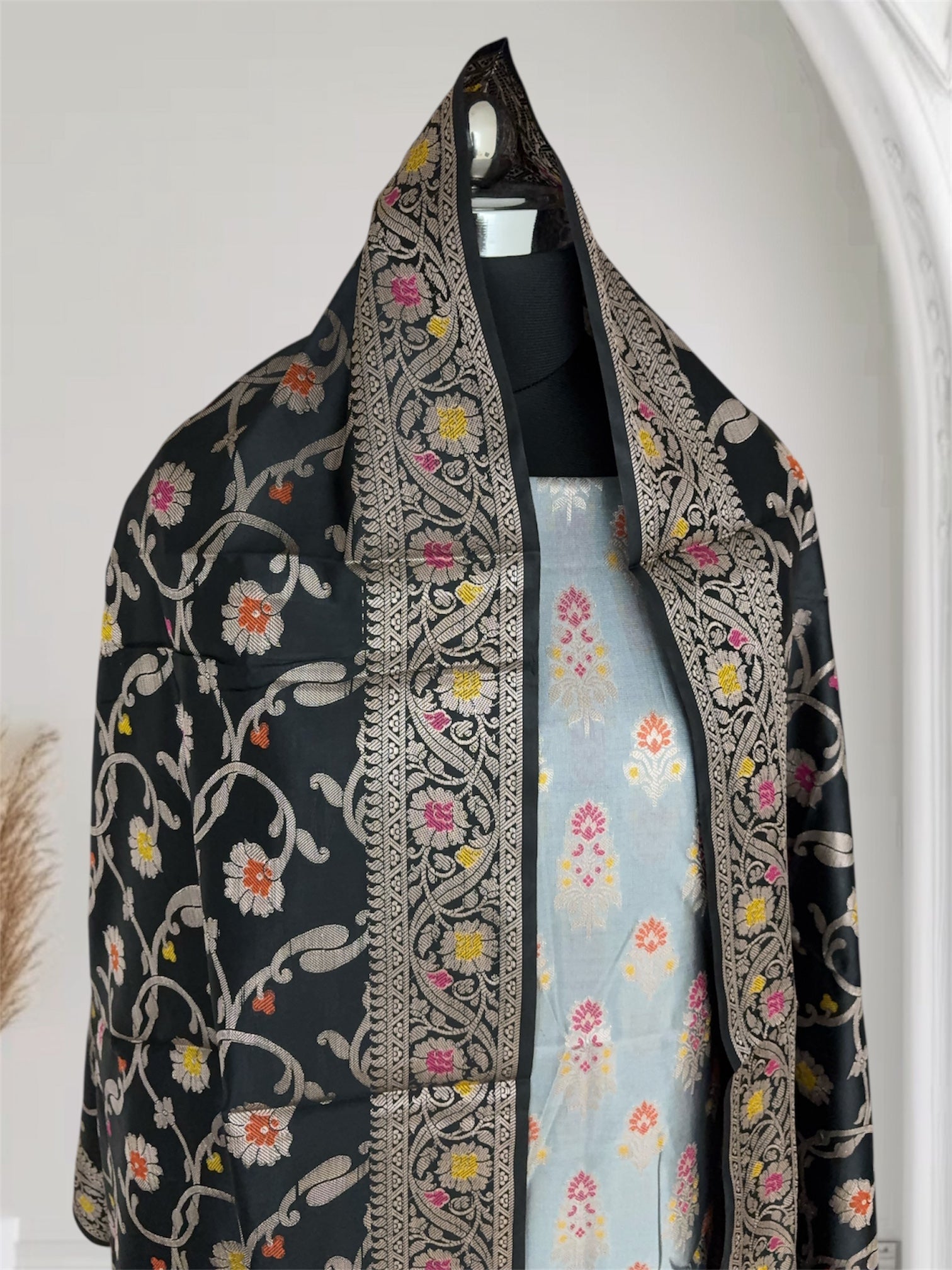 Black and Grey Satin Silk Banarasi Suit