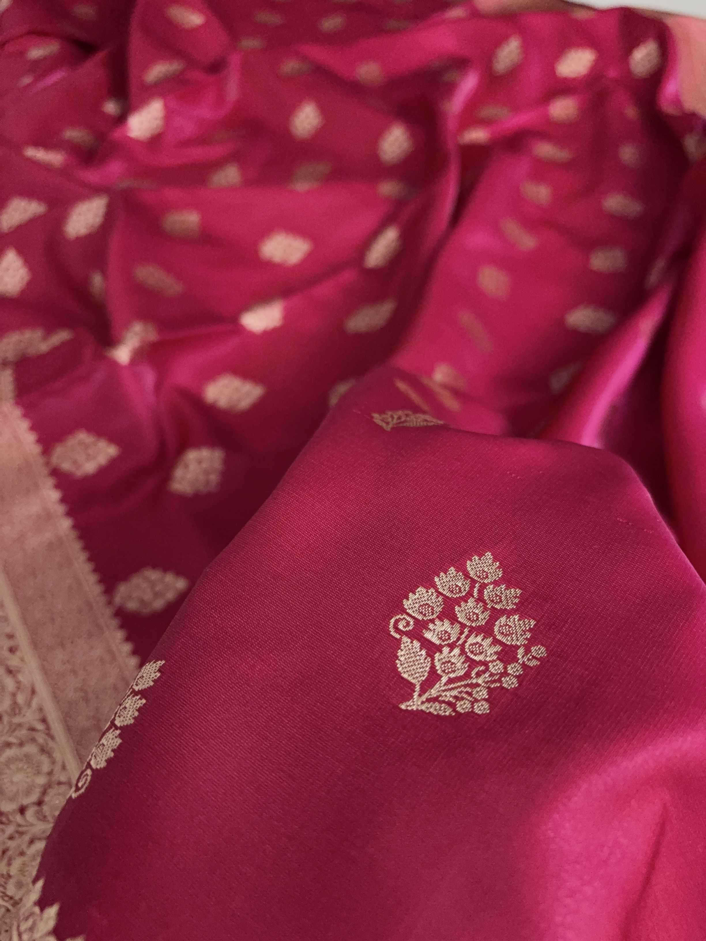 Rani Pink Satin Silk Saree Banarasi Motif