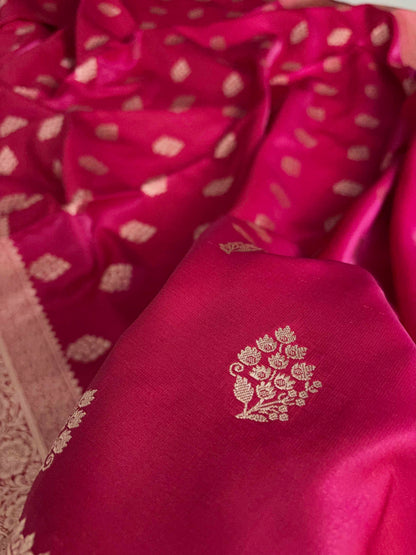 Rani Pink Satin Silk Saree Banarasi Motif