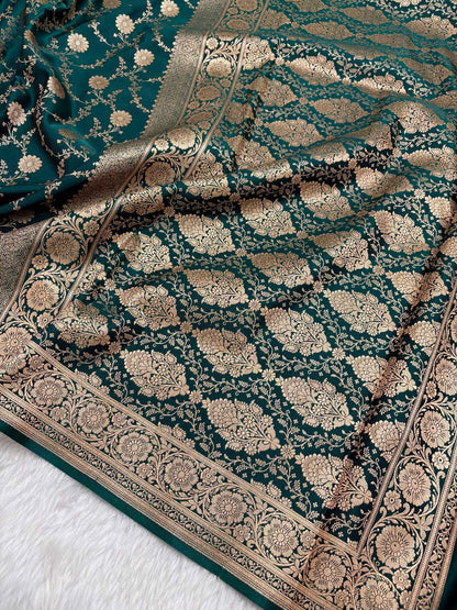 Teal Green Satin Silk Banarasi Saree with Golden Zari Floral Bel Jaal