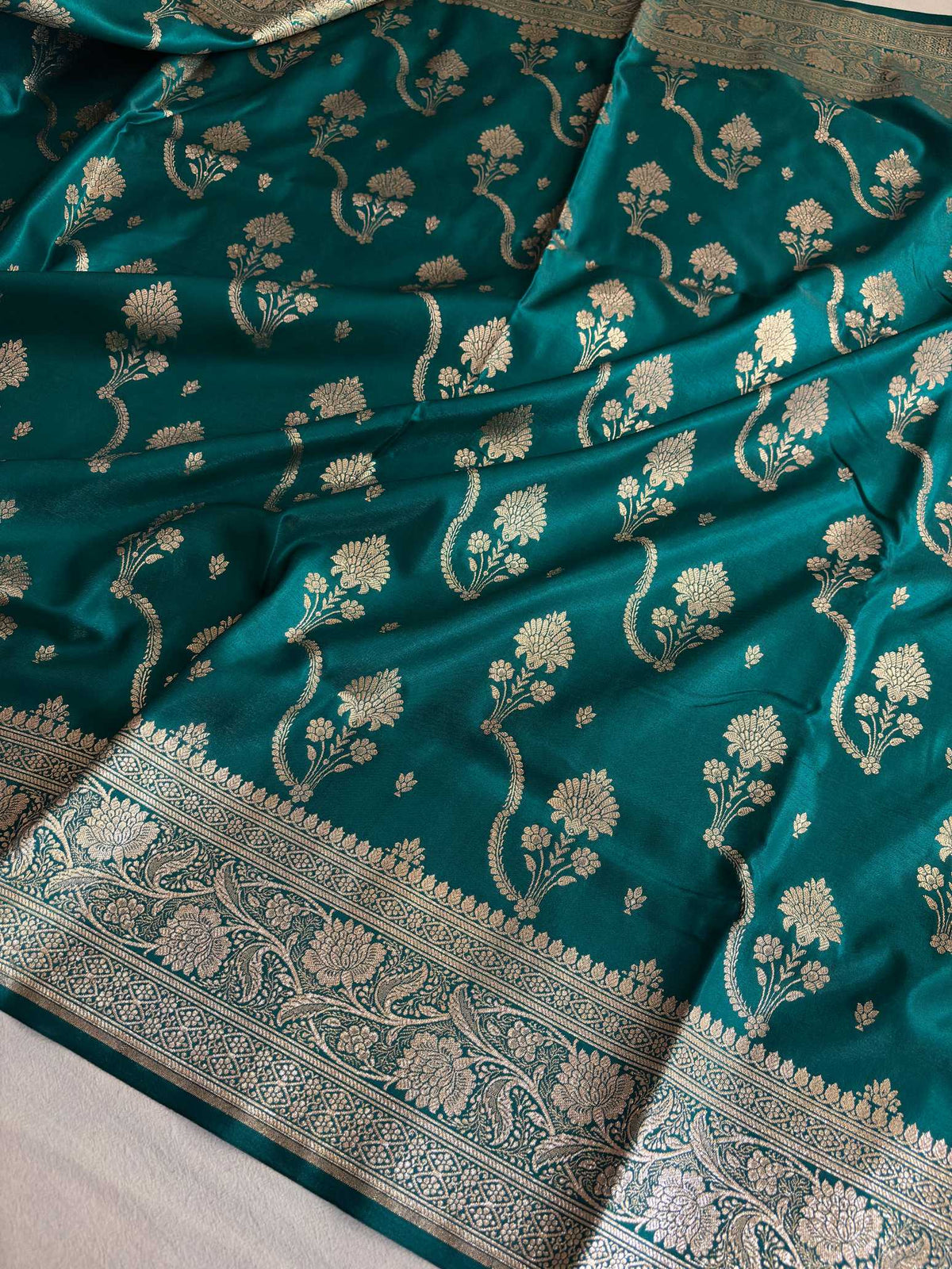 Rama Green Fancy Satin Silk Banarasi Saree – Tircha Jaal