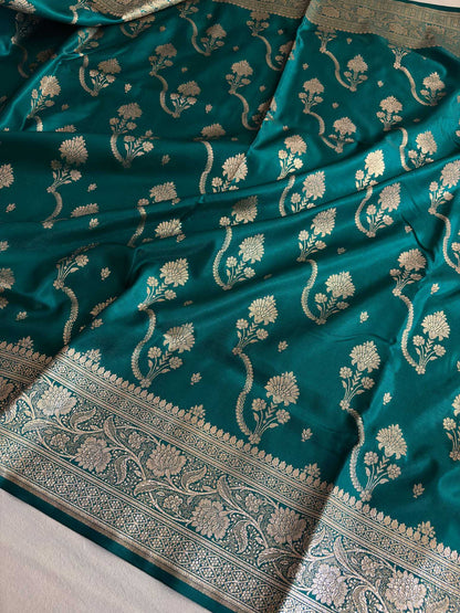 Rama Green Fancy Satin Silk Banarasi Saree – Tircha Jaal