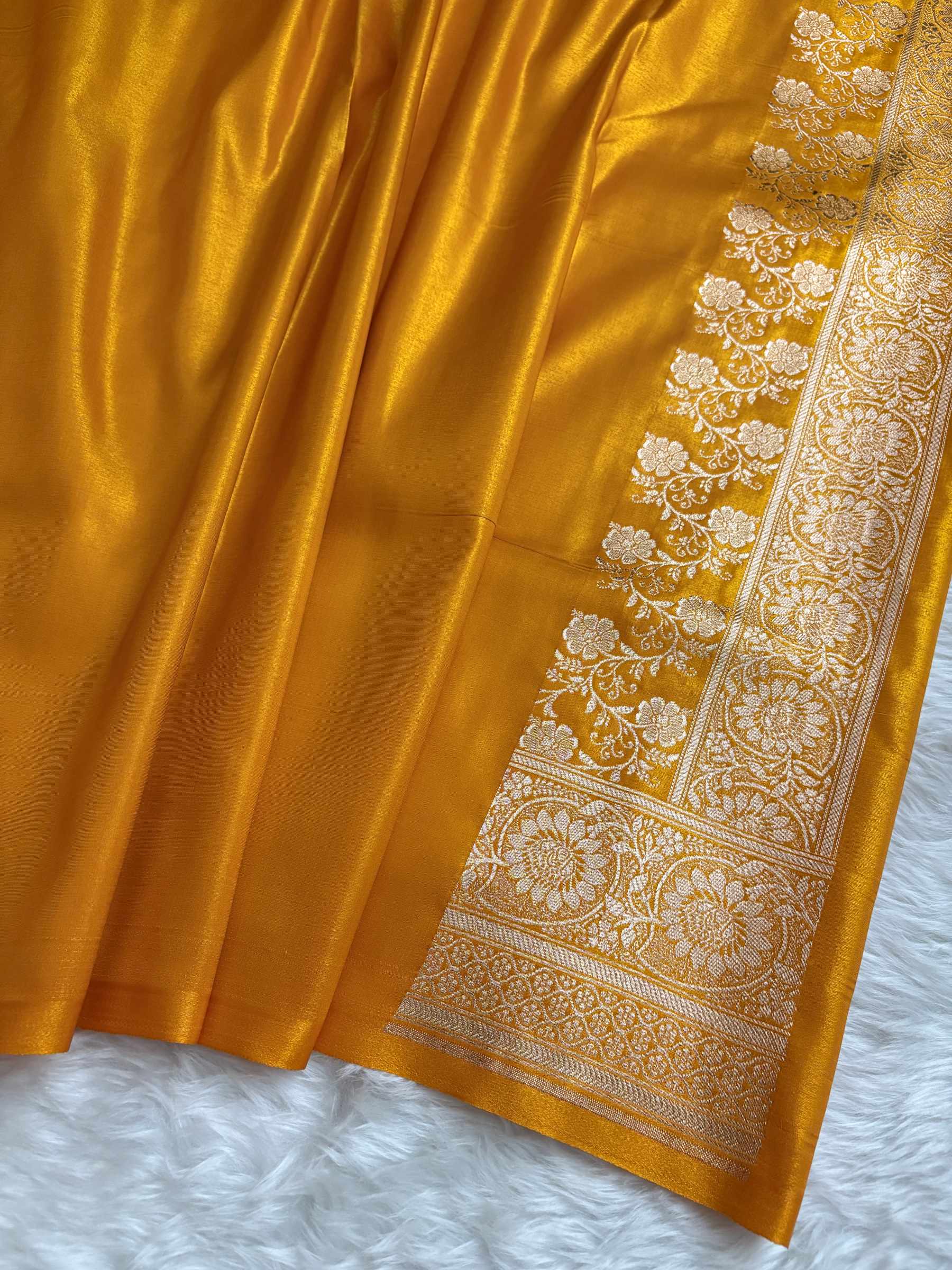 Haldi with Golden Zari Work and Rose Buti Design Satin Silk Banarasi Saree