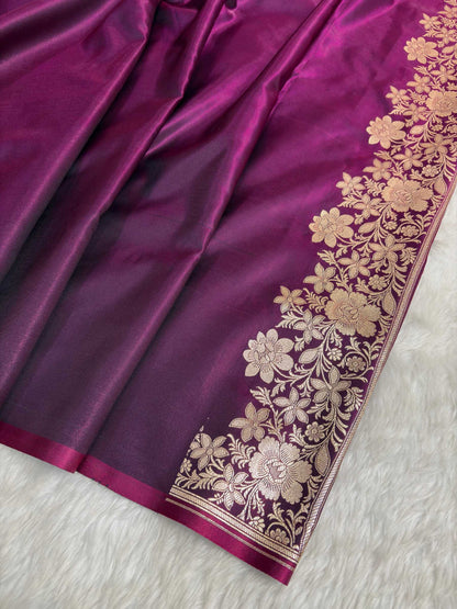 Laheriya Jaal Satin Silk Banarasi Saree Wine Shades