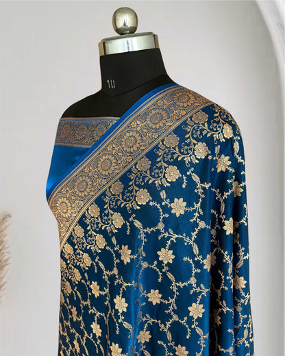 Teal Blue Satin Silk Banarasi Saree Floral Swarna Latika Jaal