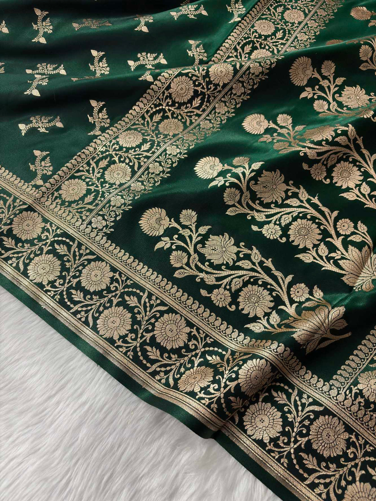 Dark Green Satin Silk Banarasi Fancy Motif Saree