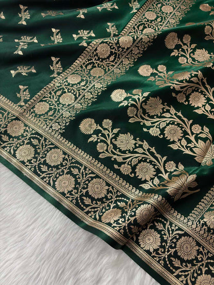 Dark Green Satin Silk Banarasi Fancy Motif Saree
