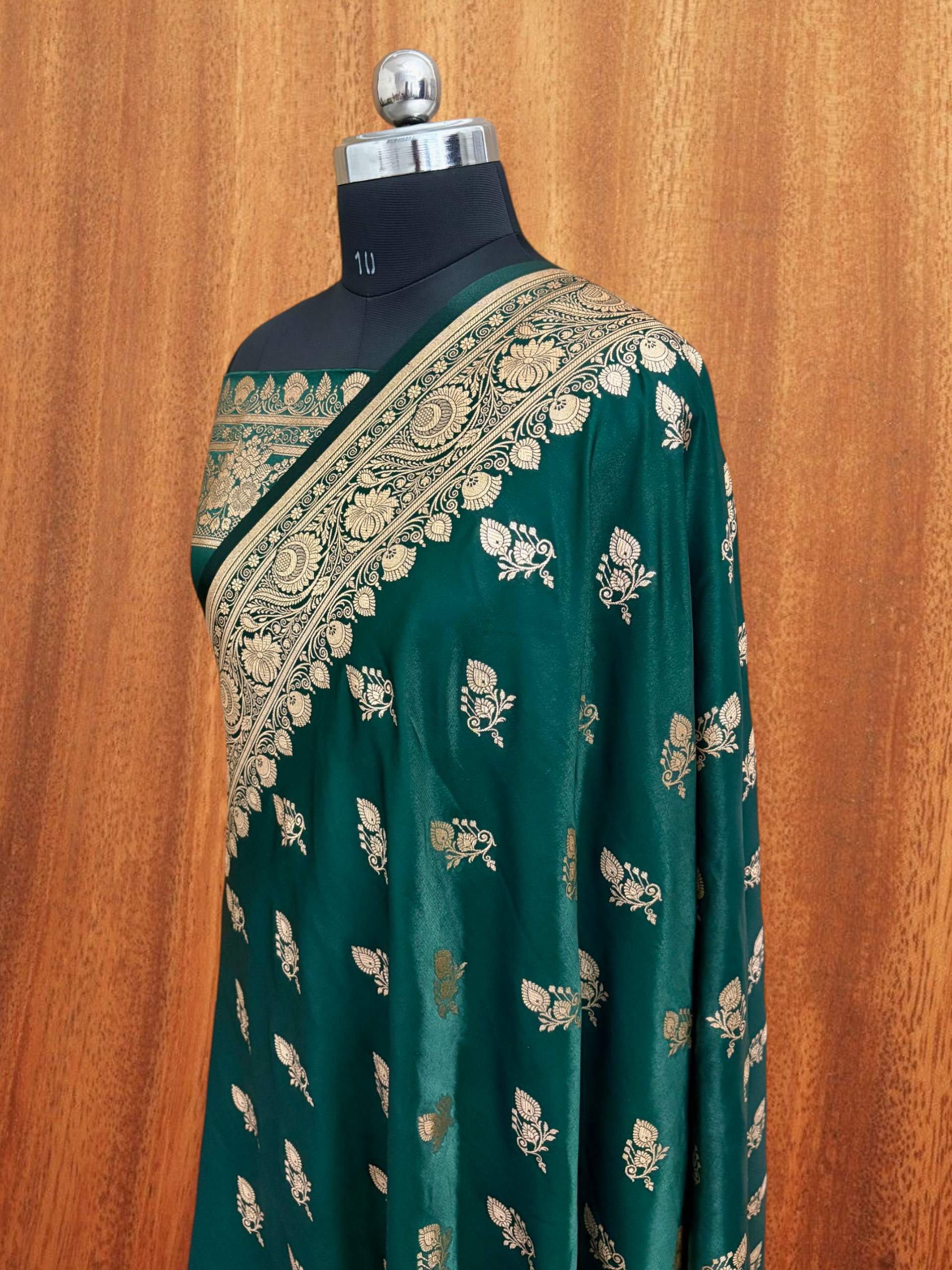 Teal Green Satin Silk Banarasi Saree – Full Golden Zari Buti Work