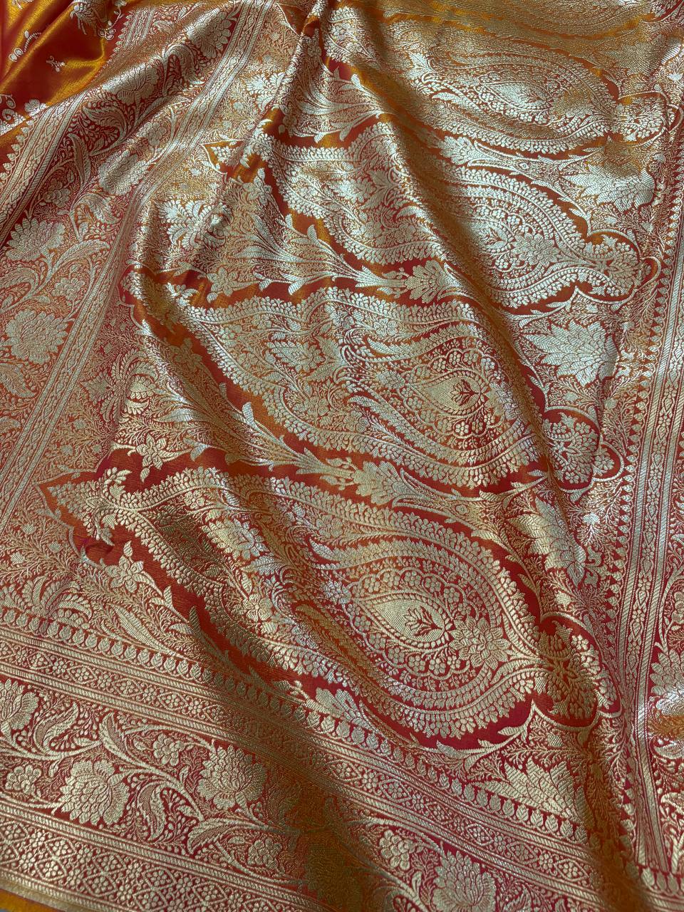 MorPankhi Orange Shaded Satin Silk Banarasi Saree