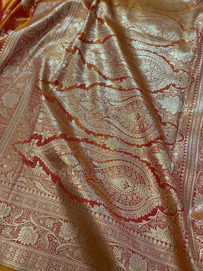 MorPankhi Orange Shaded Satin Silk Banarasi Saree