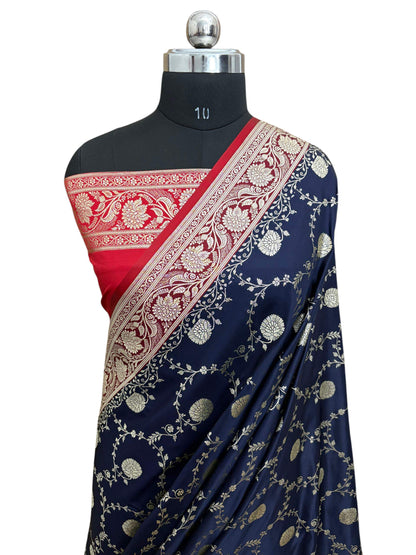Blue with Red Pallu &amp; Border Kataan Silk Banarasi Saree