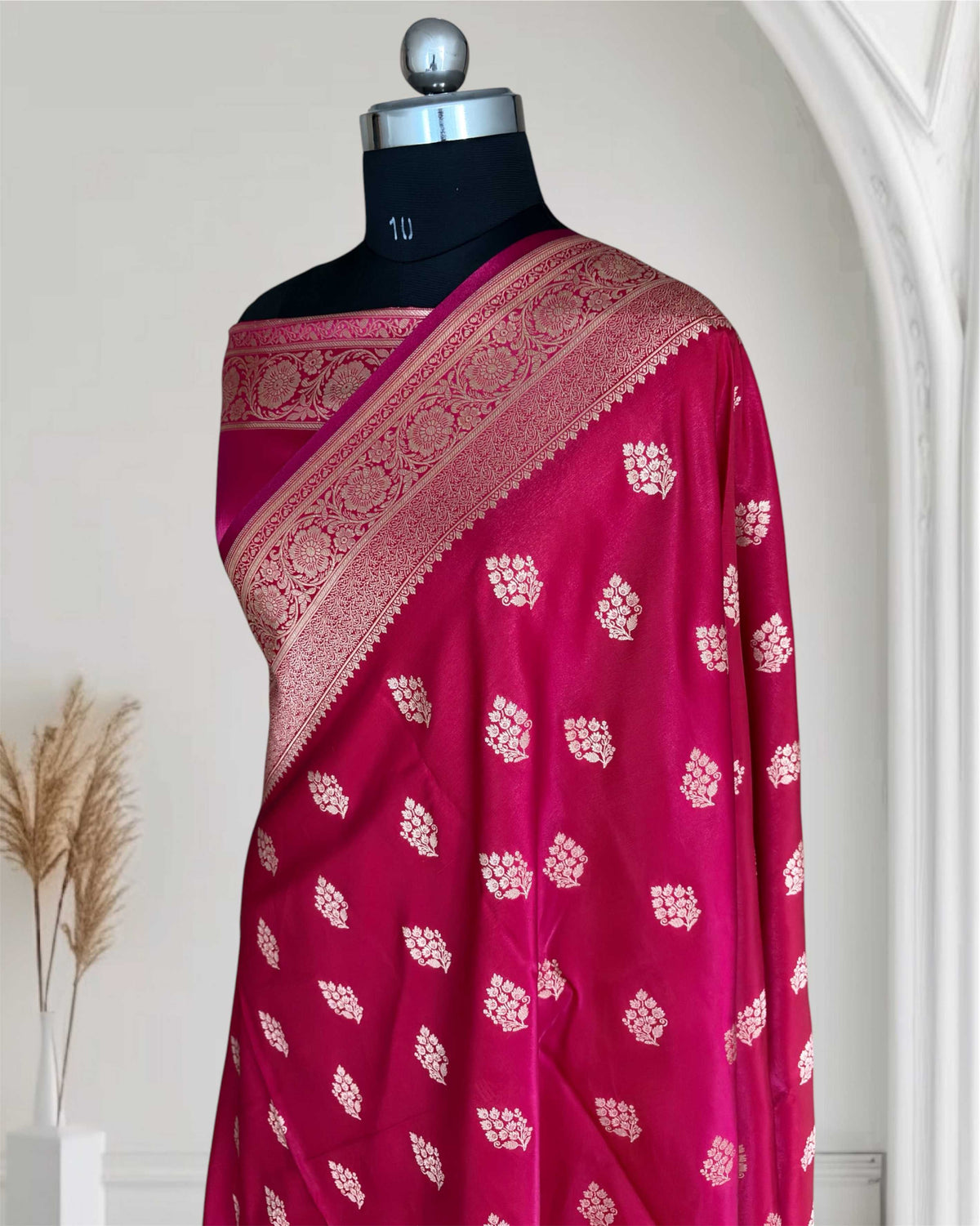 Rani Pink Satin Silk Saree Banarasi Motif