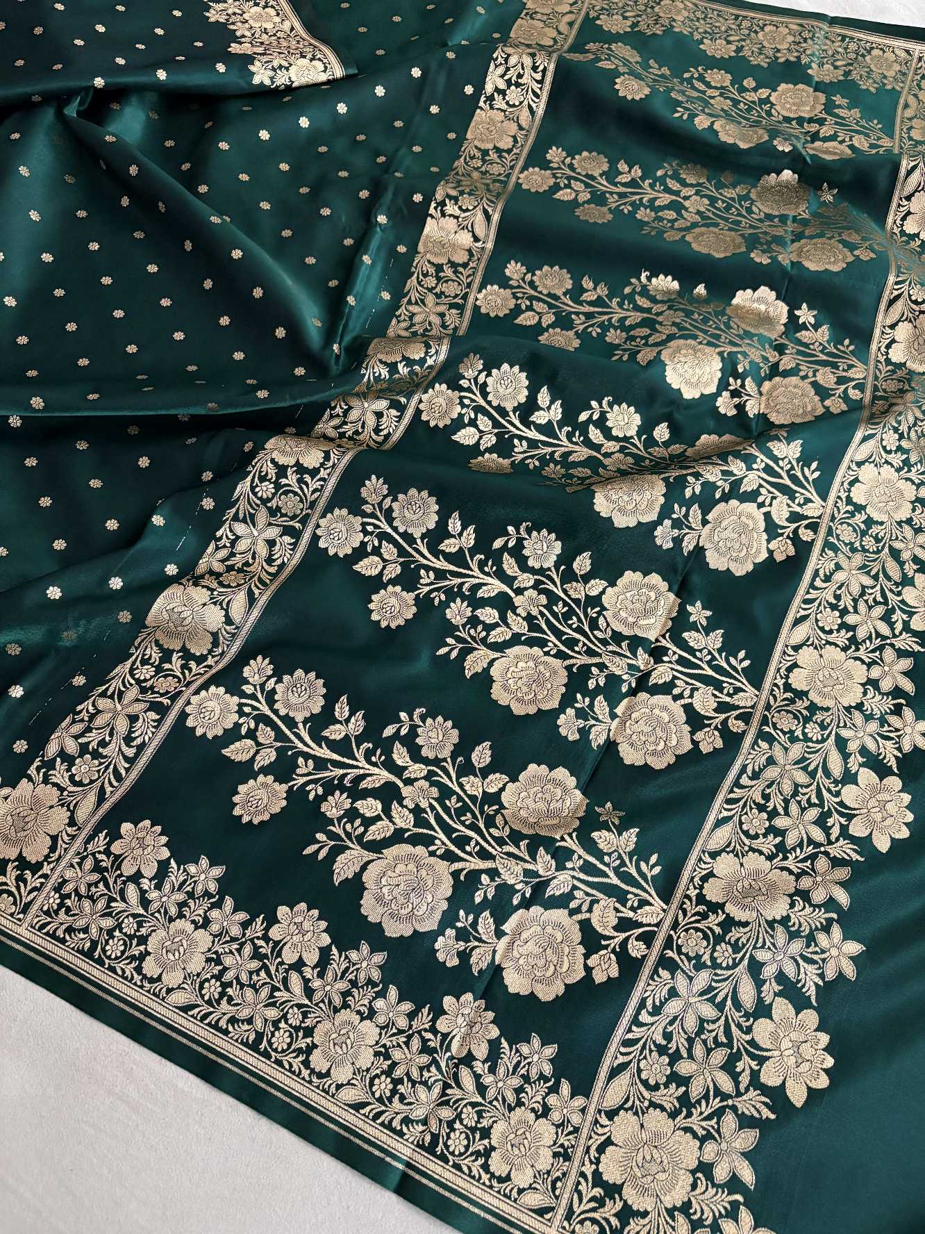 Teal Green Satin Silk Saree Banarasi Motif