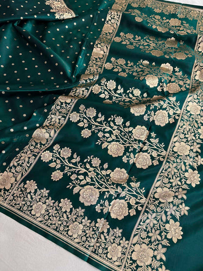 Teal Green Satin Silk Saree Banarasi Motif