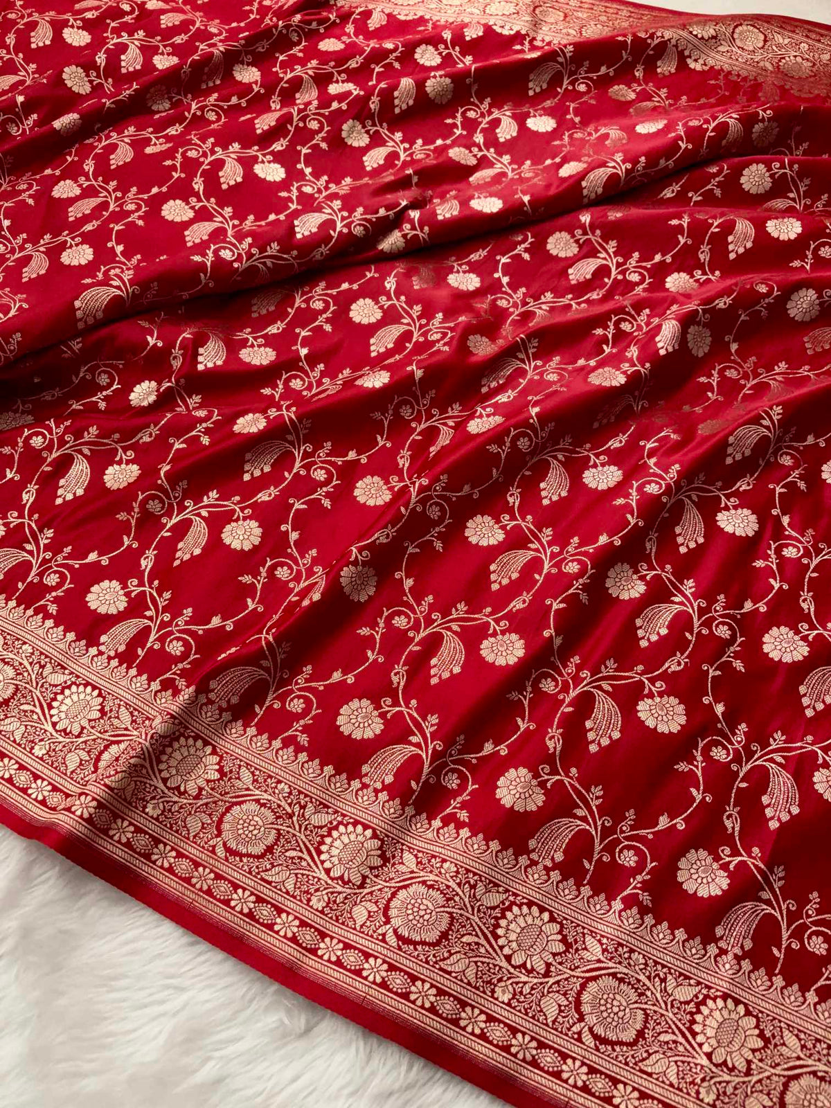 Red Kataan Satin Silk Banarasi Saree Bridal Jaal
