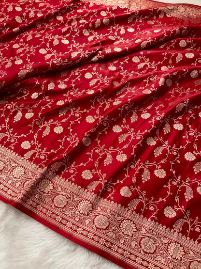 Red Kataan Satin Silk Banarasi Saree Bridal Jaal