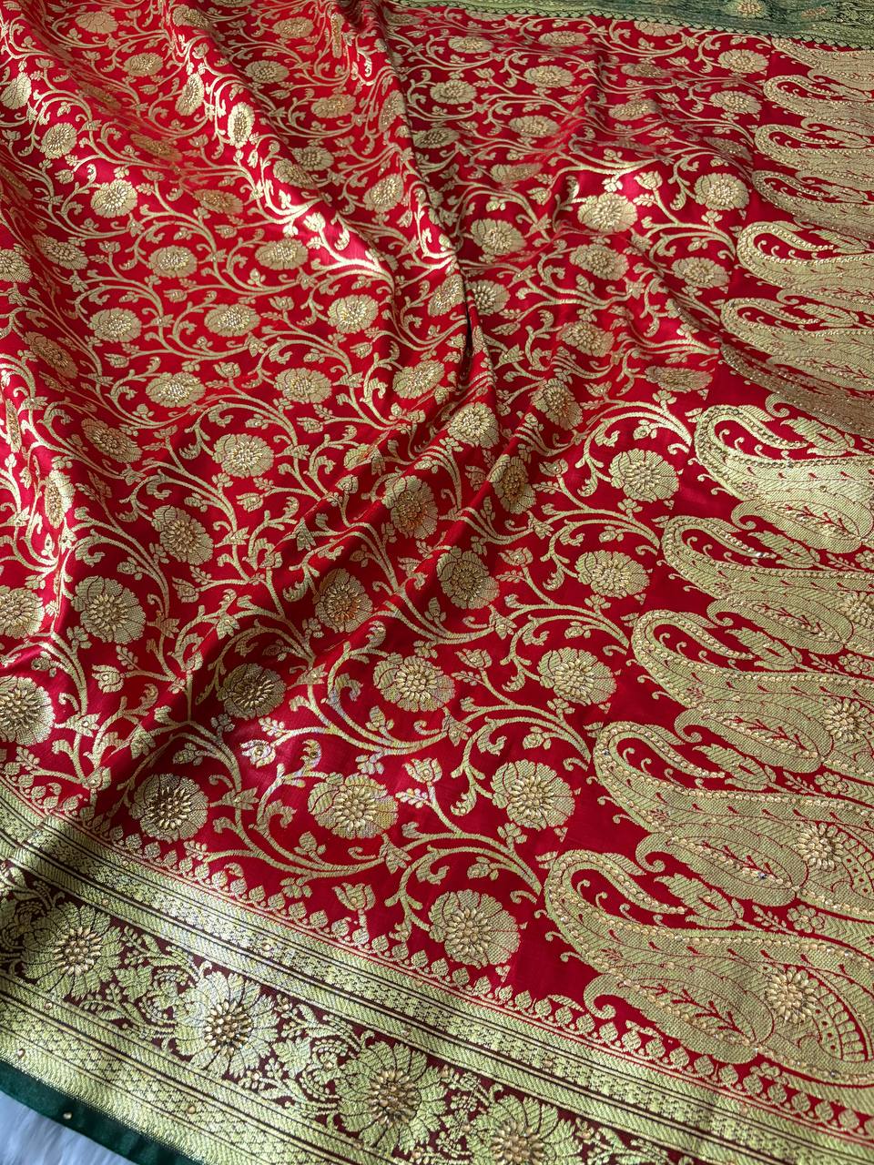 Red Saree with Green Pallu & Swarovski Work