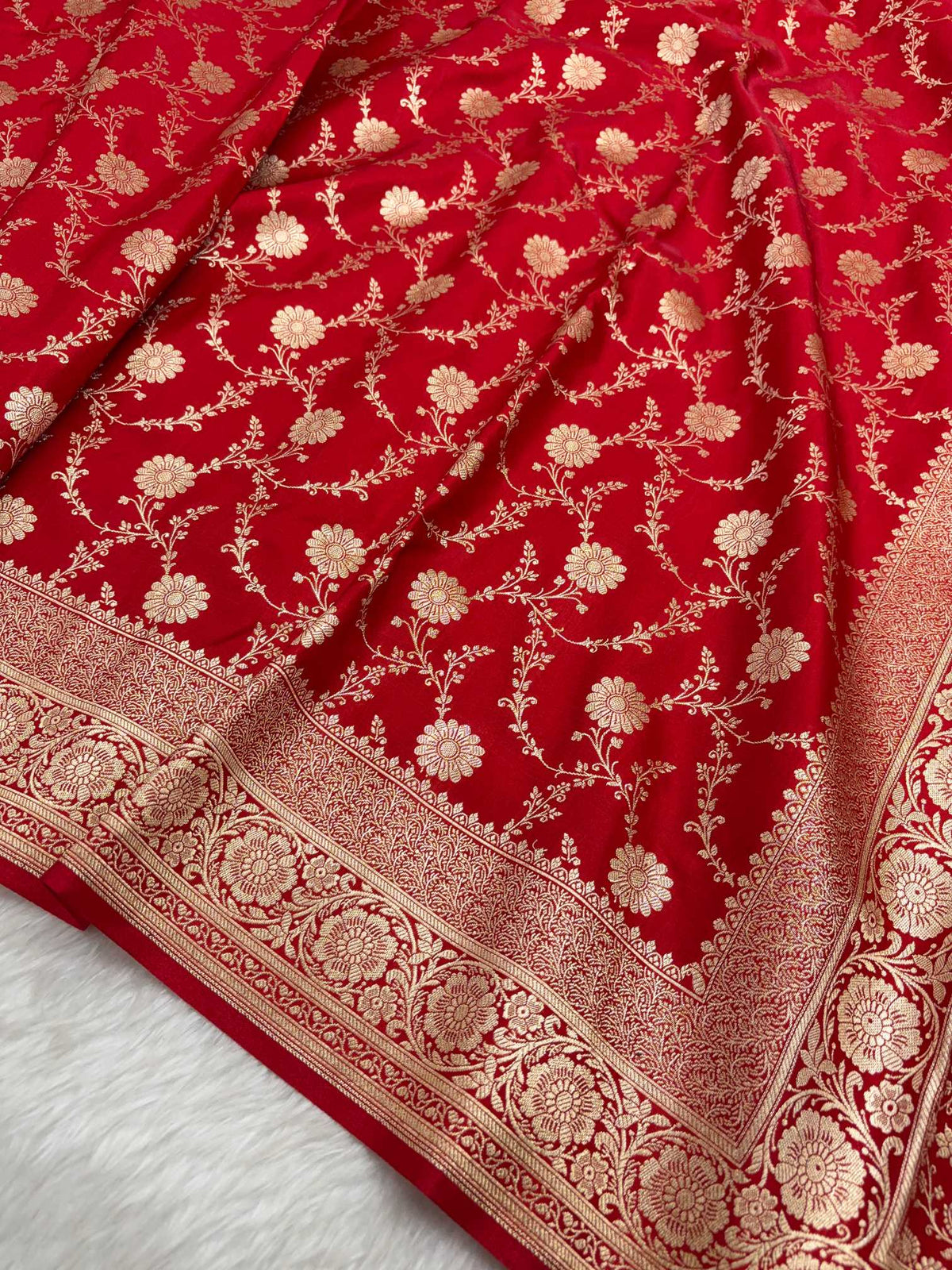 Red Satin Silk Banarasi Saree with Golden Zari Floral Bel Jaal