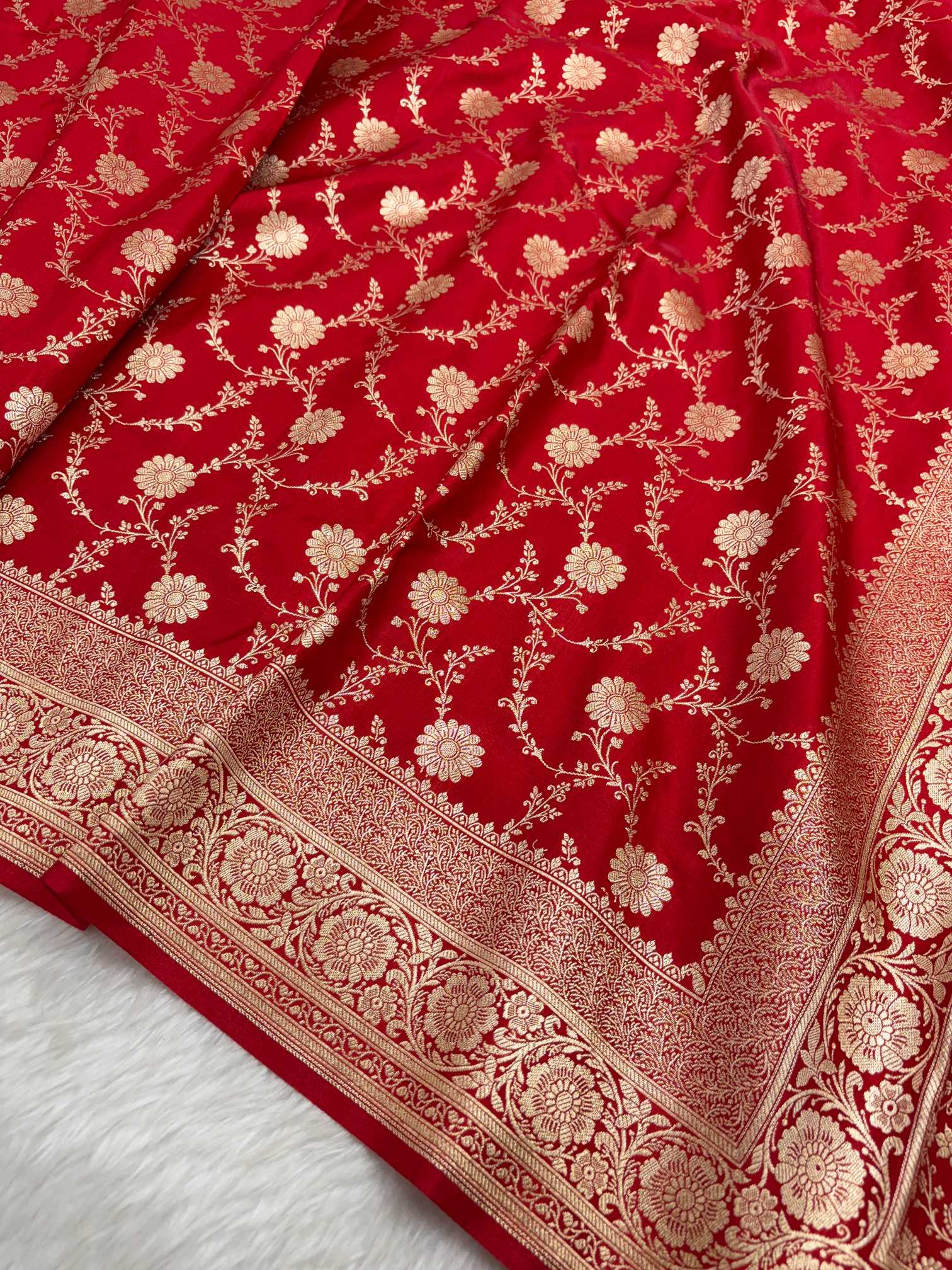 Red Satin Silk Banarasi Saree with Golden Zari Floral Bel Jaal